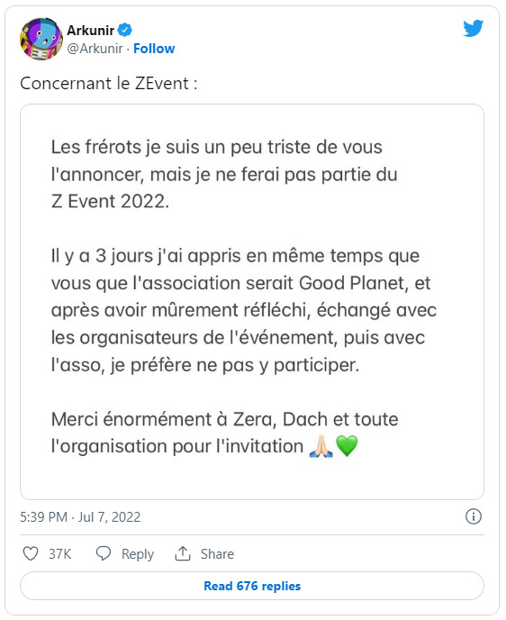 Arkunir ne participera pas au Z Event 2022