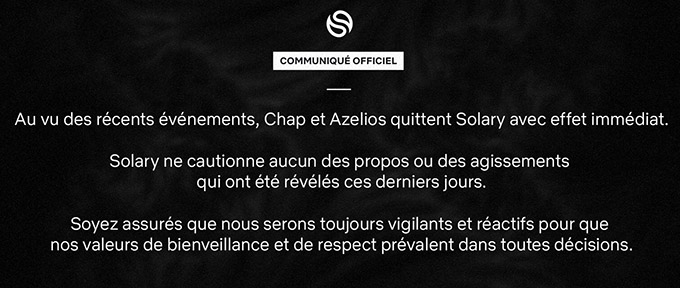 communiqué Solary : Départ de Chap  & Azelios