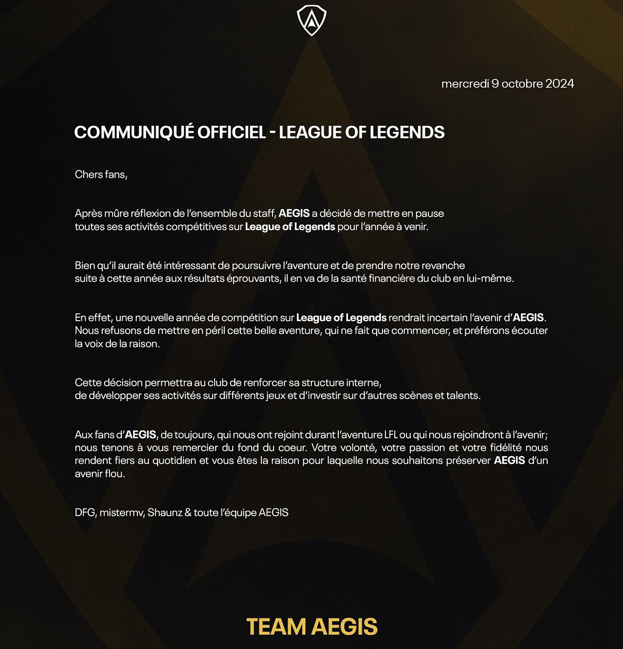 Communiqué officiel de Team Aegis par rapport à League of Legends