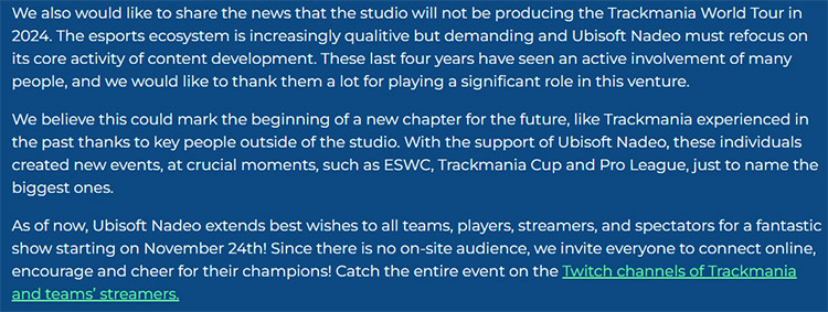 Communiqué de Trackmania sur l'esport en 2024