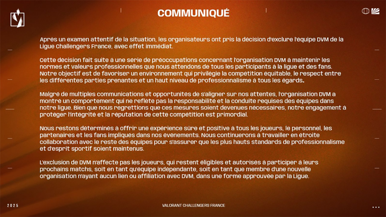 DVM exclu définitivement de la VALORANT Ligue Challengers France