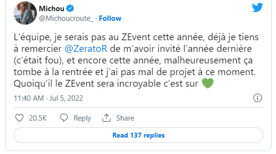Michou ne sera pas au Z Event 2022 explcations