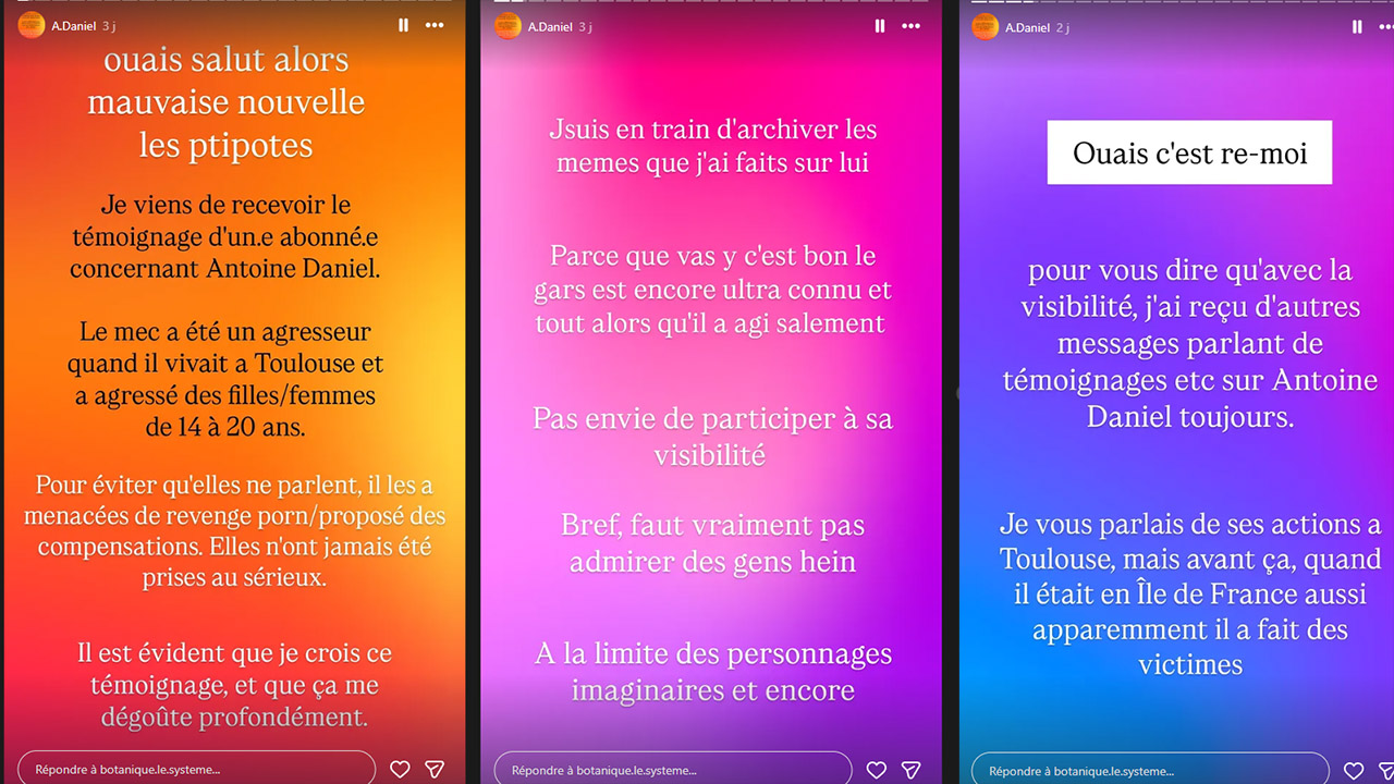 Capture d'écran des Stories sur Instagram incriminant Antoine Daniel d'agressions sexuelles sur des femmes de 14 à 20 ans
