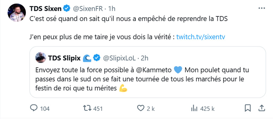 Tweet de Sixen annonçant son live en citant Slipix